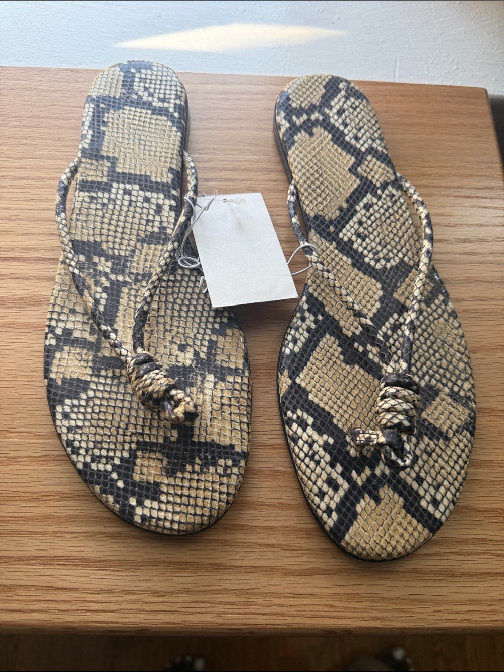 H&M Snake-Print Thong Sandals in Beige and Black